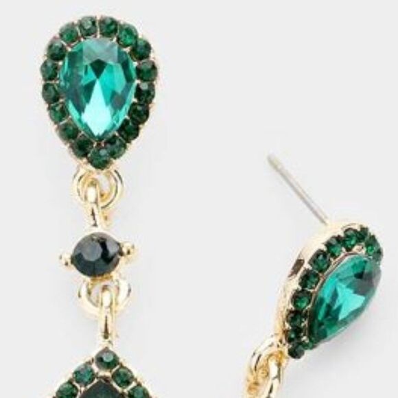 Miro Green Pear Crystal Rhinestone Drop Earrings - Picture 2 of 3